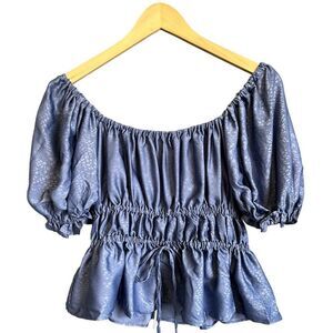 NSR Smocked Puff Sleeve Tie Front Off Shoulder Peplum Peasant Blouse